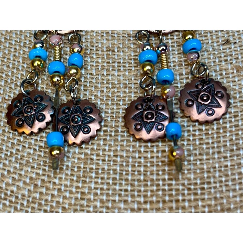Vintage Copper & Turquoise Beaded Dangle Earrings With Geometric Design & Tribal - Picture 4 of 11